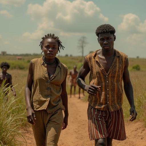 Thumbnail for wildlife documentary titled Lions vs Buffaloes. Show open savannah landscape. Include a group of individuals dressed in casual clothing. Use natural lighting to highlight surroundings.