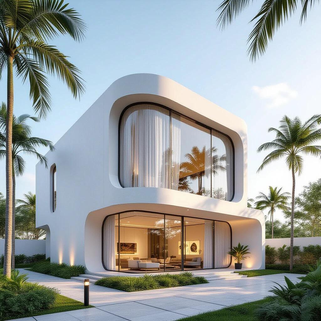 Photo-realistic rendering of a modern minimalist building with a curved design. Building features a large curved window with sheer white curtains. Surrounded by palm trees and greenery. Black lamppost in the foreground with warm glow. Soft natural lighting creates serenity. Clean lines and minimalist aesthetic throughout.