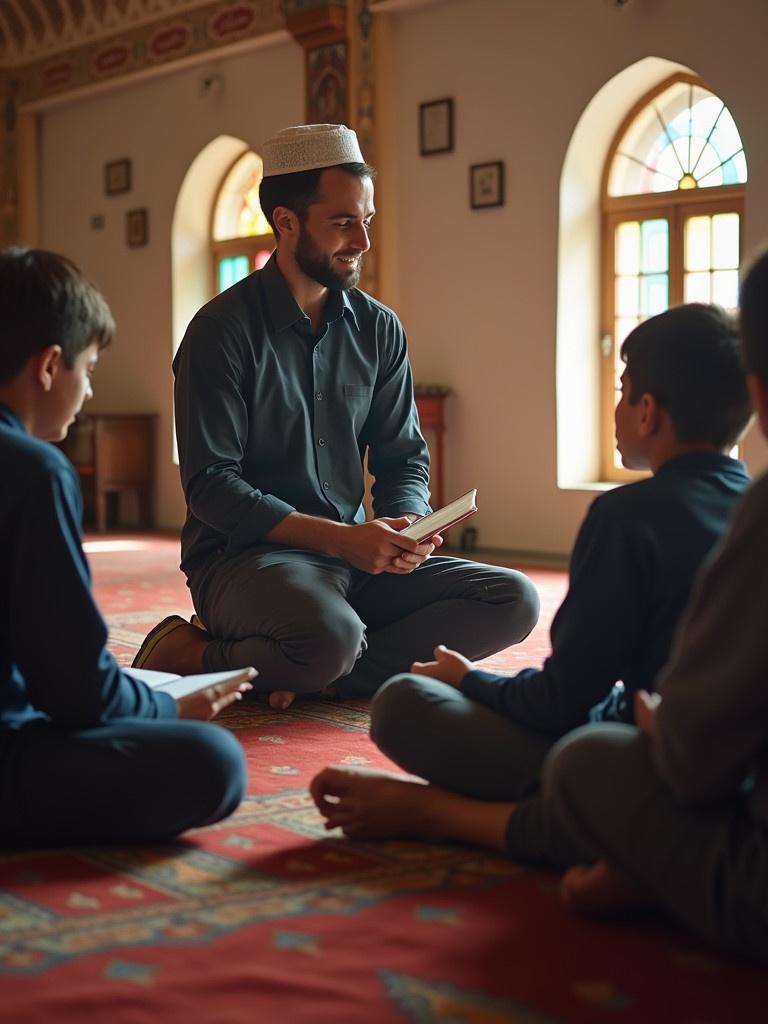 A male teacher engages with a group of boys sitting on a mosque carpet. They are attentive during a Quran lesson. Warm light enters through arched windows creating a peaceful atmosphere. The boys hold Quran books in their hands and focus on the teacher's teachings.