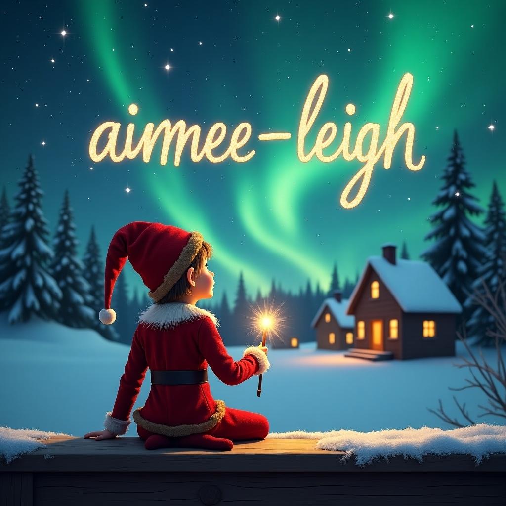 An elf sits on a wooden ledge with back to camera. The elf gazes at the magical sky. Dressed in a red outfit with a hat, holds a sparkling wand. With wand, the elf writes the name aimee-leigh in the starry sky. Background shows a snowy landscape with charming houses and evergreen trees under Northern Lights.