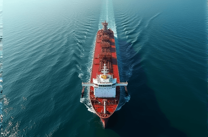 A large cargo ship sails steadily across the vast ocean waters, leaving a gentle trail behind.