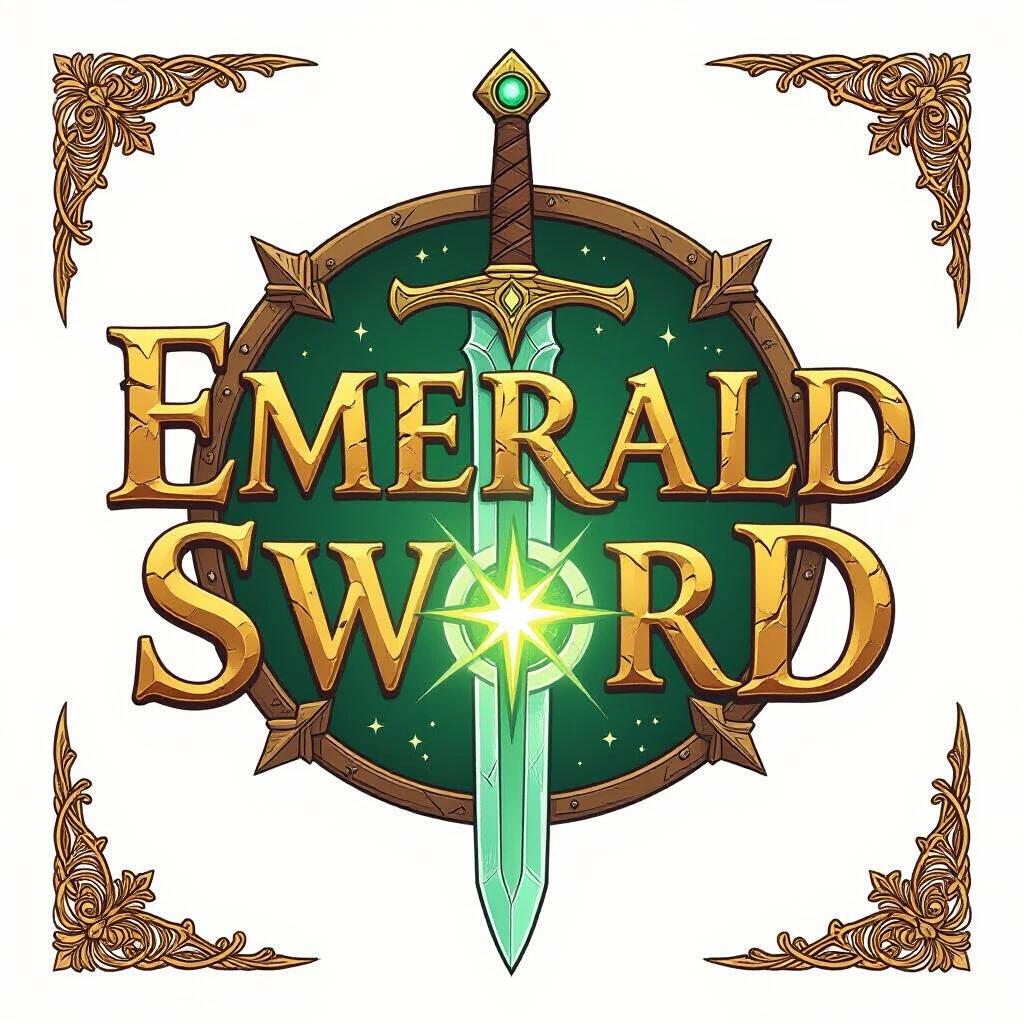 Logo design for a fantasy medieval video game titled Emerald Sword. The words Emerald Sword are written in a rustic medieval-style font. A bright emerald-green sword is incorporated into the design. The overall color palette includes warm brown tones for the text and earthy medieval colors. The background is clean white. The visual style blends comic and anime aesthetics with a hand-painted look.