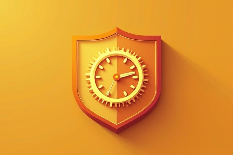 A shield shaped icon contains clock gears illustrated in saffron and amber colors. The design employs flat vector style with soft gradients.