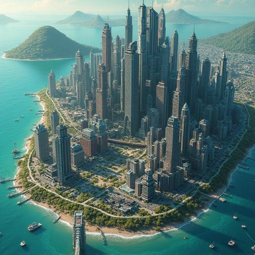 Isometric map of a cyberpunk dystopian city on an isthmus between mountains along a polluted bayou. Distinctive districts present.