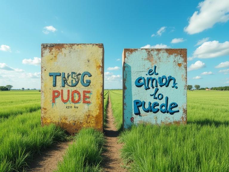 Realistic background of open field with green grass and soft blue sky, urban graffiti shows 'el amor todo lo puede' with thick edges, pronounced shadows, spray effect in color #370fff, and 3D effect.