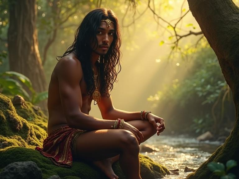 A young Indian jungle prince around 20 years old with thick long black hair sits barefoot on a mossy rock beside a stream. He wears simple golden ornaments a necklace with tribal beads and a loincloth of red and gold fabric. His expression is curious and calm. Golden light filters through banyan trees illuminating mist and jungle flora. Nearby is a carved lion sigil on a stone glowing runes on bark. Painterly realism and cinematic lighting in a fantasy environment.
