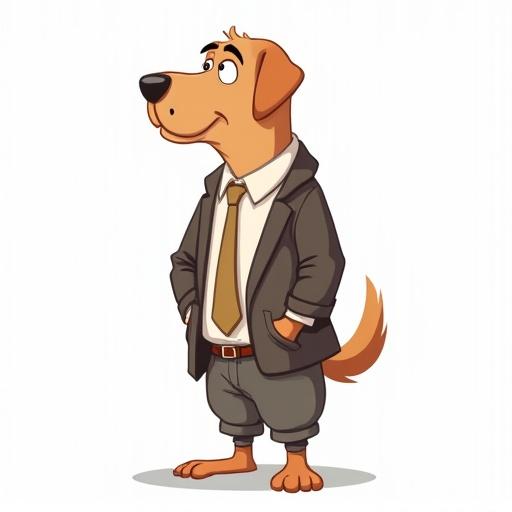 Full body view of a cartoon dog in a suit with a tie. Dog stands confidently with hands in pockets. White background.