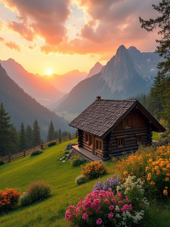 A log cabin in the mountains surrounded by vibrant flowers and lush greenery. The scene shows a beautiful sunrise with warm colors in the sky. The mountains create a serene backdrop. The cabin has a rustic charm and is enveloped in the tranquility of nature. Flowerbeds are filled with colorful blooms. An old tree fence surrounds the property, enhancing the peaceful atmosphere.