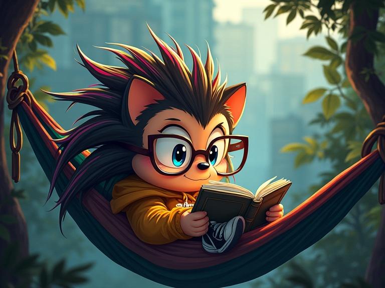 Chibi hedgehog with glasses relaxing in a hammock. Reading a book. Semi-realistic style. Long messy hair with colorful streaks. Urban clothing with texture. Moody jungle background with soft light. City overtaken by jungle. Large eyes. Worn sneakers. Oversized hoodie. Gritty atmosphere. Sarcastic attitude. Cinematic lighting. Moody colors.