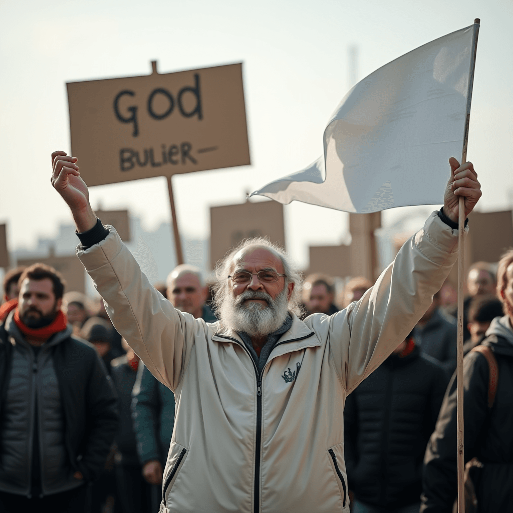 An elderly man holds a white flag at a protest, surrounded by fellow demonstrators with signs.