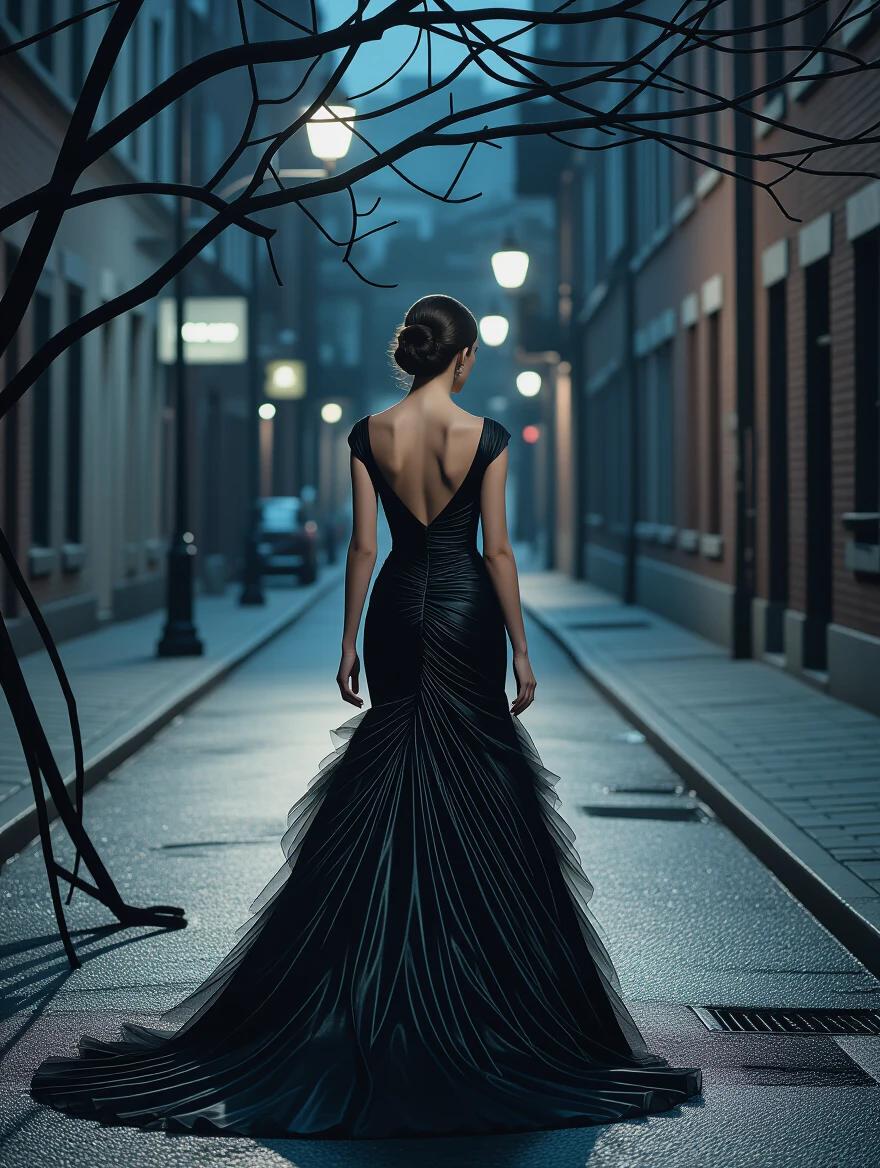 Woman wearing an elegant evening gown stands in a dimly lit street. The dress has intricate feather details. The background features twisted branches and a film noir atmosphere. The style is influenced by Adam Martinakis and Agostino Arrivabene with a focus on hyperrealism.