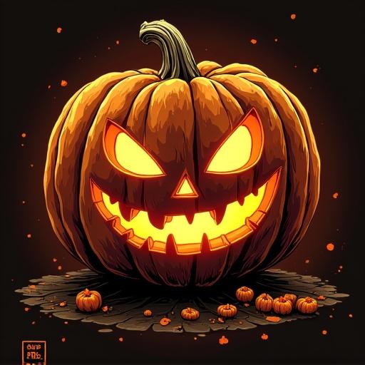 A large jack-o-lantern with a chicken face design. The pumpkin is carved with a spooky expression. There are smaller pumpkins surrounding it. The background is dark to highlight the orange glow from the jack-o-lantern's face. The overall tone is Halloween-themed.
