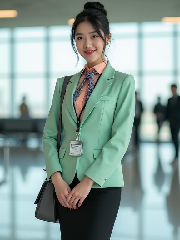 Full body portrait of a late-20s East Asian female airport ground staff uniform. She wears a peach-colored long-sleeve chiffon blouse and mint-green blazer. A black pencil skirt and pantyhose complete the look. Black low-heel pumps are worn. Her black hair is styled into a neat bun. Light makeup enhances her angelic smile with red lips. A silver name tag and lanyard hold her ID. A dark-blue-gingham scarf is tied around her collar. A dark-grey satchel hangs over her shoulder. She stands straight with clasped hands in an airport terminal.