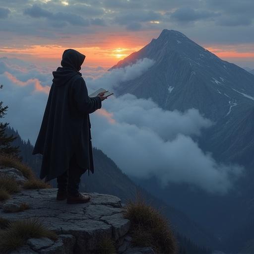 A cloaked traveler stands on a cliffside during twilight. The traveler gazes at a distant mountain shrouded in clouds. A journal is open in their hand. The setting conveys a pensive atmosphere. The image is in oil-on-canvas realism with moody tones and focused composition.