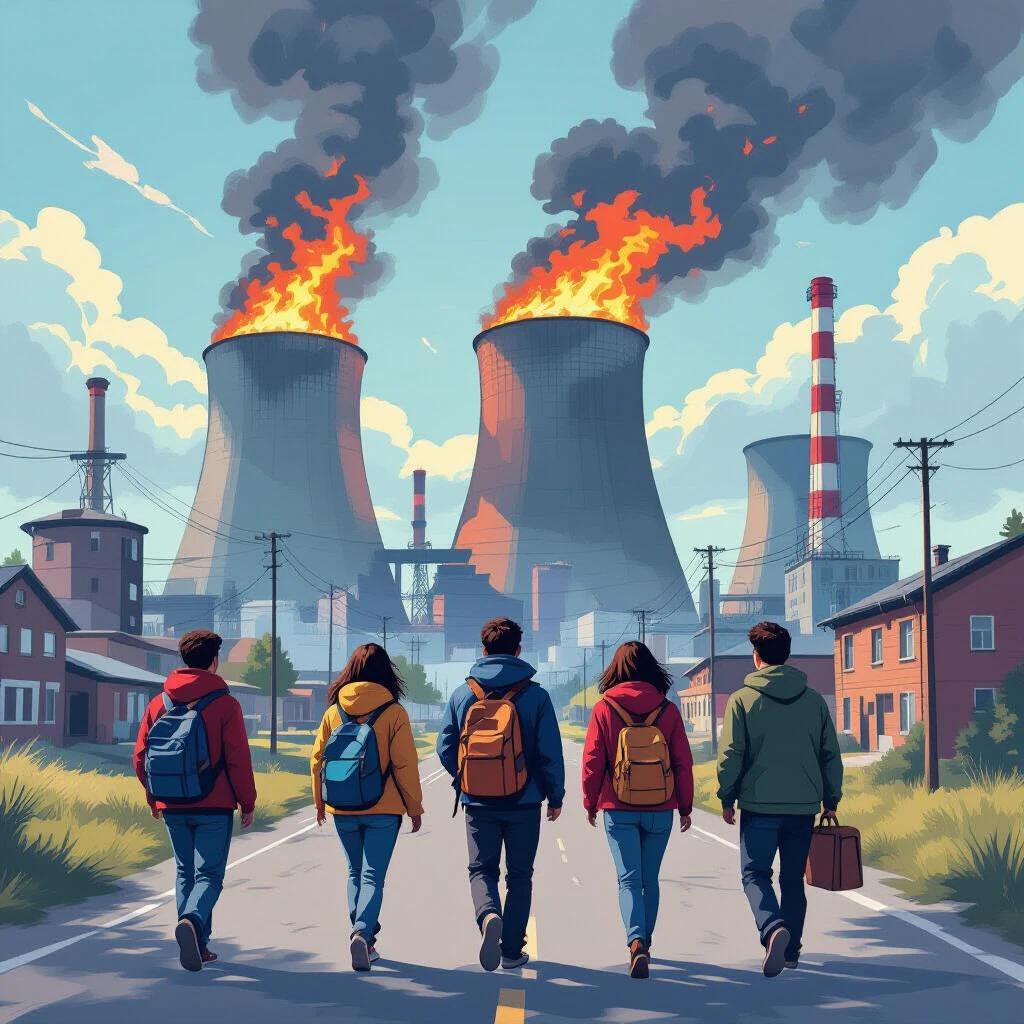 A cartoon-style illustration shows a group of young people walking past an industrial facility. Huge cooling towers are in the background, one of them is on fire, and thick smoke billows up. The foreground features casually dressed characters with backpacks and luggage, suggesting urgency. The color tone is dark, but clothing and details are vibrant, generating a tense atmosphere.