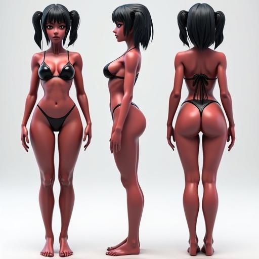 A 3D reference image of a female succubus. Display front side and back views. Character poses in A-pose with an hourglass shape. The body is stylized and rendered with octane. This is a character datasheet in HDR quality.