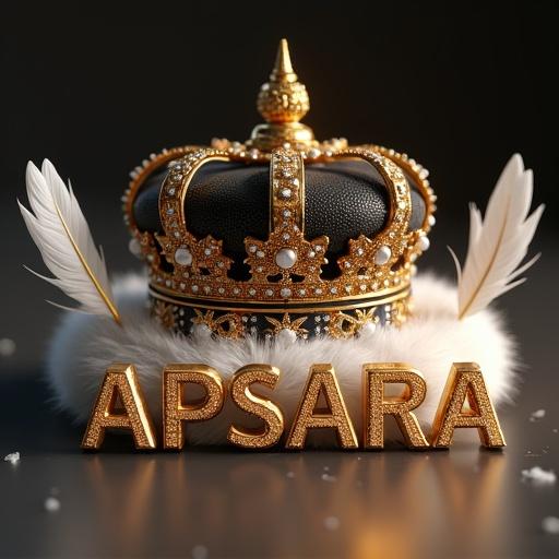3D render of a black and gold crown above the text APSARA in gold font. The crown is detailed with gemstones. Soft light reflects on its surface. White feathers are around the text. The lighting is warm and diffused.