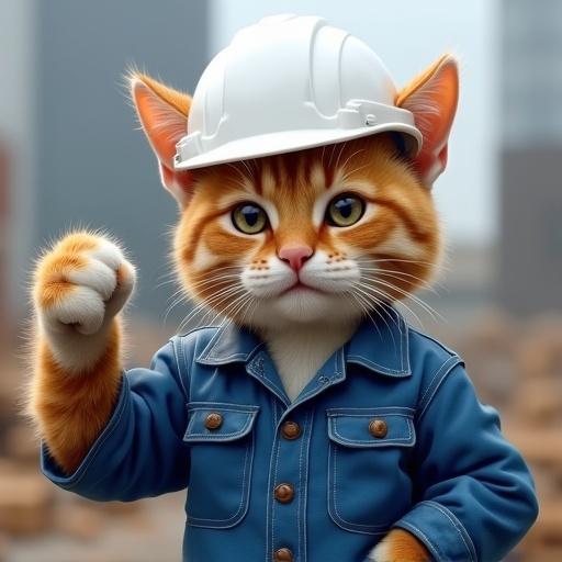 Realistic cat wears white safety helmet and blue work uniform. Cat stands at construction site. Cat has confident smirk. Cat pumps fist with intensity. Cat has an intense stare.