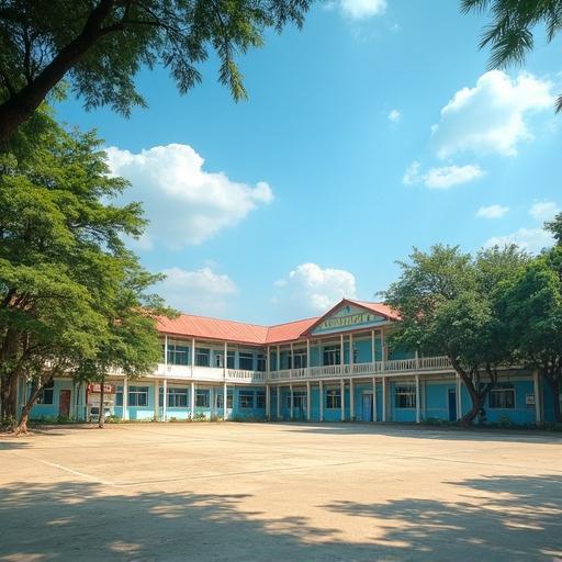 Image of a large inner city secondary school in Mandalay, Myanmar. The scene shows warm and clammy weather. A light breeze moves through the trees around a concrete playground. The sun shines in a cloudless azure sky.