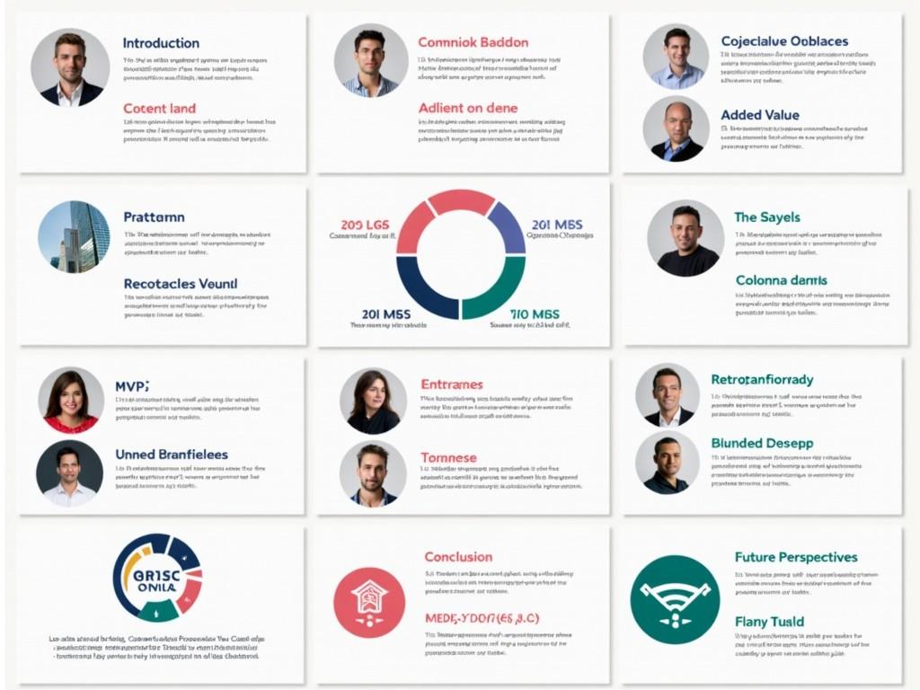 This image is a detailed presentation layout for a project, including various important sections. There are slides dedicated to the team introduction, project context and motivation, challenges faced, and the added value of the project. It also includes slides on project progress with a timeline, detailed specifications, a Minimum Viable Product description, a conclusion summarizing key points, and future perspectives. The layout is well-structured and visually appealing, aiming for clarity and engagement. Logos are incorporated harmoniously throughout the slides.