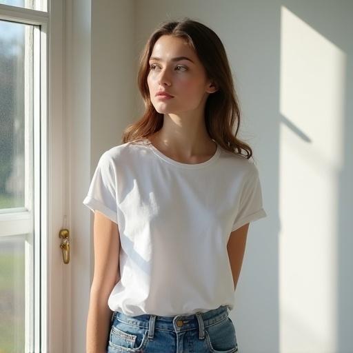 Natural young woman standing by a window. Wearing a simple white T-shirt and classic blue jeans. Loose natural hair with minimal makeup. Serene expression. Photographed in soft daylight. Cinematic lighting with shallow depth of field.