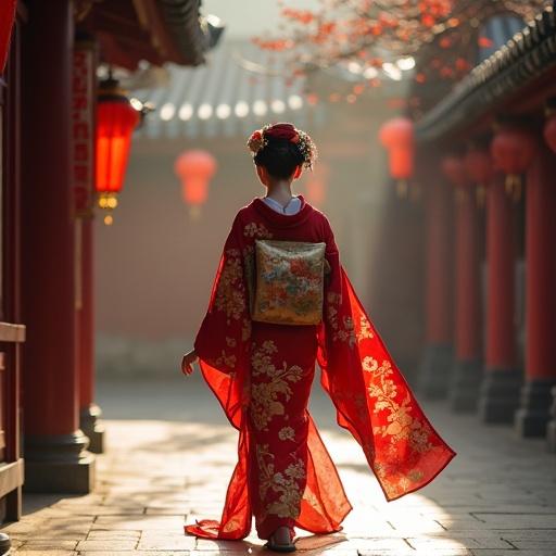 A graceful female figure walks down a pathway in a temple wearing a red kimono. The kimono has intricate floral patterns. Lanterns glow softly around the serene environment. The sun casts a warm light illuminating the scene.