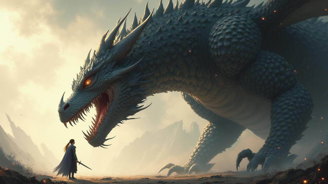 This stunning digital artwork portrays a dramatic scene of a lone warrior facing a colossal dragon amidst a desolate landscape. The dragon's scales glisten with intricate detail under the warm glow of the setting sun, while the warrior stands resolute, sword in hand. The tension in the air is palpable, evoking a sense of awe and impending challenge.