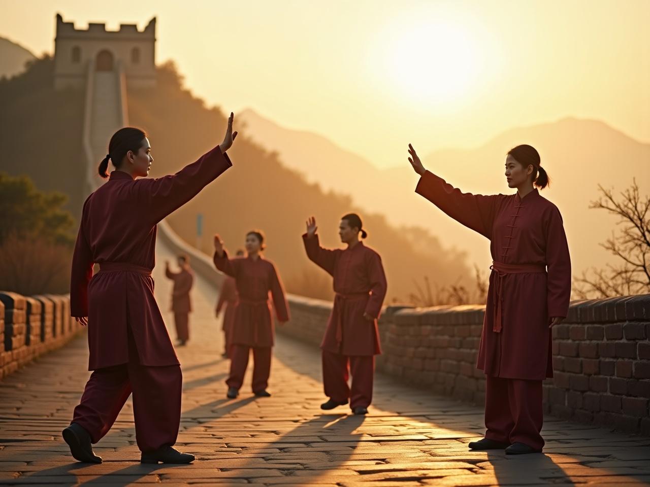 A group of practitioners perform Tai Chi in harmony with the ancient surroundings of the Great Wall of China, connecting the practice to its rich cultural heritage. Each individual showcases a different posture from the five major family styles, emphasizing the diversity within the art. Some practitioners face the camera, highlighting the global appeal of Tai Chi. The scene is set at dawn, with soft, golden light illuminating the practitioners and the ancient stones of the wall. The atmosphere is serene and reflective, portraying a deep connection to nature and tradition. The image has a hyper-realistic quality, as if captured on an Arriflex camera.