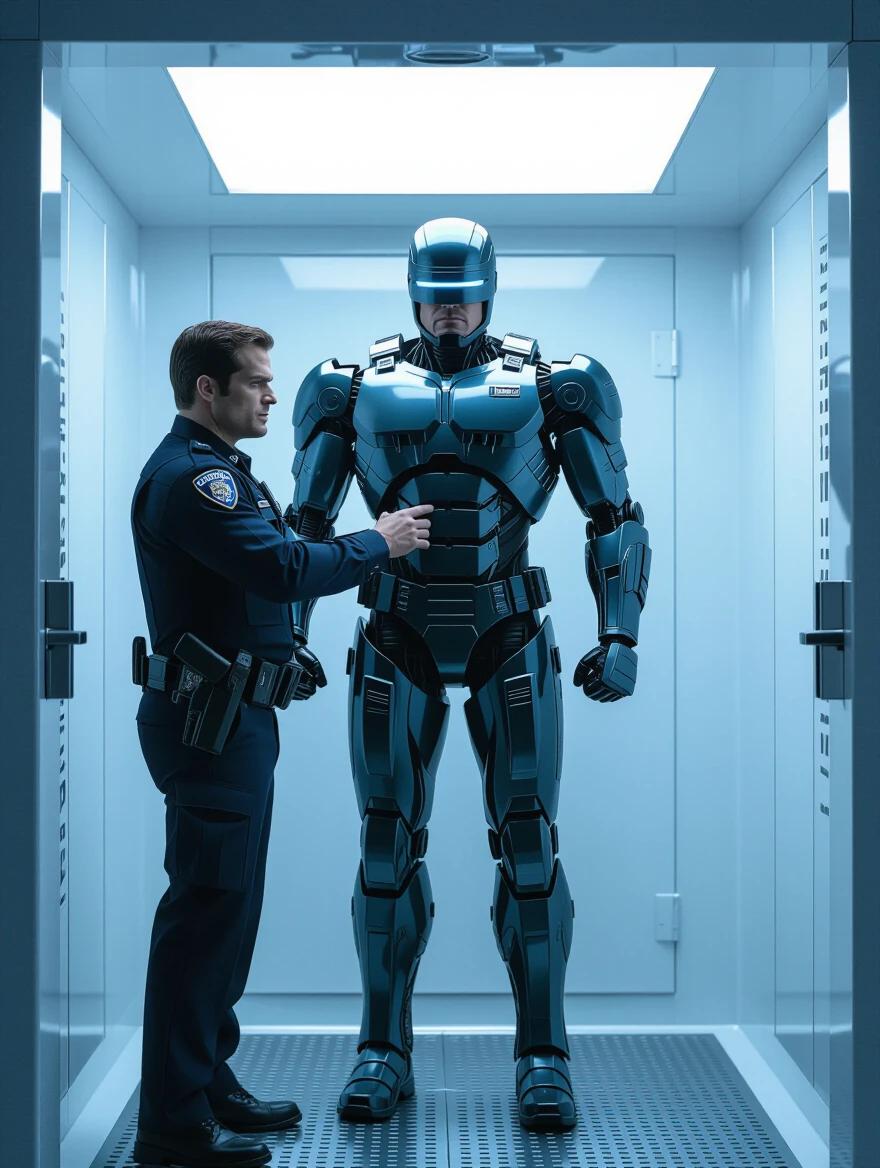 A police officer portrays a character influenced by RoboCop. A conversion chamber displays the transition into a RoboCop figure. A muscular robotic design takes center stage in a modern setting. The scene evokes themes of technology and law enforcement.