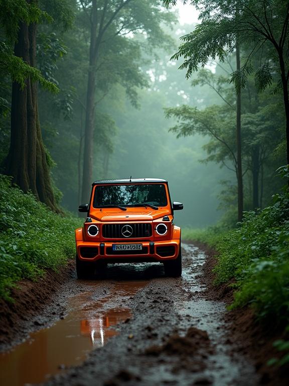 A vibrant orange Mercedes G-Class SUV is on a muddy path in a rainforest. Surrounding tall trees have glistening leaves. The atmosphere is humid and moody with soft lighting. The SUV is the main focus, highlighting its design against the backdrop of greenery. This image captures the spirit of off-roading.