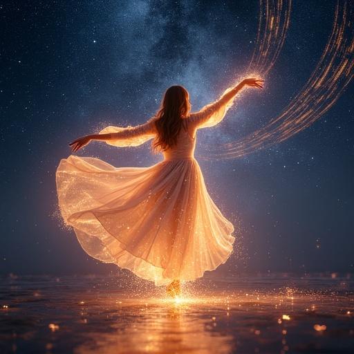 Camera pulls out to reveal an energetic form dancing in space. Dancer leaves sparkling light trails. Gestures create living constellations. Rapid light trails in the background. Energy waves react. Cosmic ballet style with an epic scale.