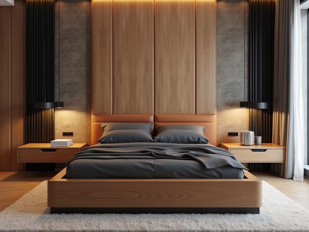 Imagine a luxurious bedroom featuring a large bed with a tall headboard made of warm wooden tones. The bed frame is sleek and modern, accented with matte black elements. The bedding is in dark grey tones, providing a cozy and inviting look. On either side of the bed, there are stylish nightstands crafted from matching wood with matte black hardware. The backdrop features a wall with subtle textures that complement the warm wood, adding depth to the overall design. A plush rug in soft tones lies beneath the bed, enhancing the comfort of the space.