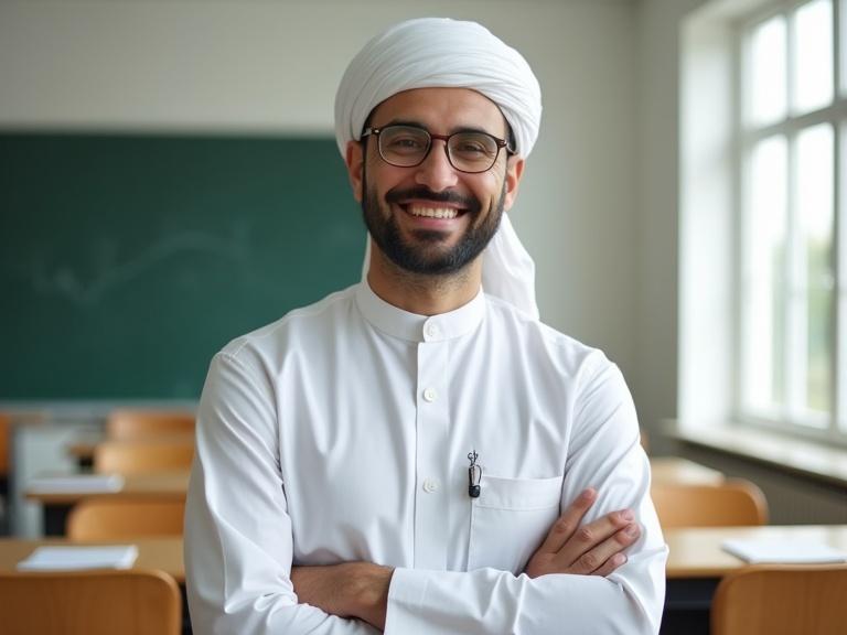 Omani male teacher 45 years old wearing traditional white dishdasha and turban smiling confidently in a bright modern classroom with wooden desks and chalkboard.