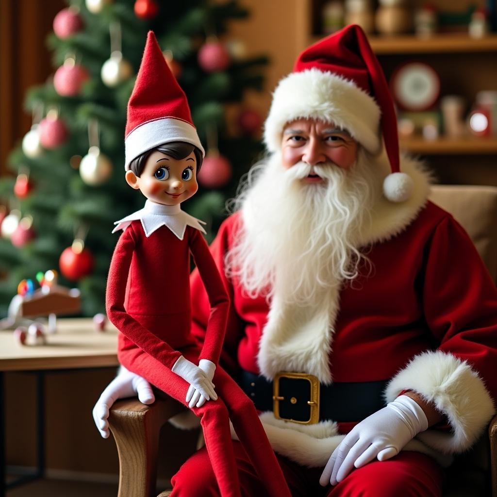 Elf on the Shelf is sitting with Santa Claus in a toy workshop. Christmas tree is in the background. Cozy festive atmosphere. Toys and decorations around.