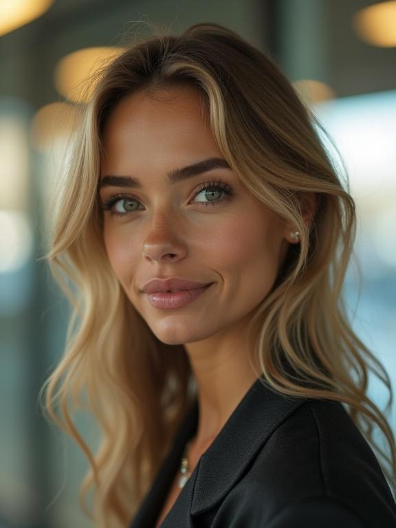 Beautiful woman in profile wearing micro. She is in a bank. Her face appears beautiful. The image has a high resolution and slight compression artifacts. There are over-saturated, bright, unnatural colors typical of older phone cameras.