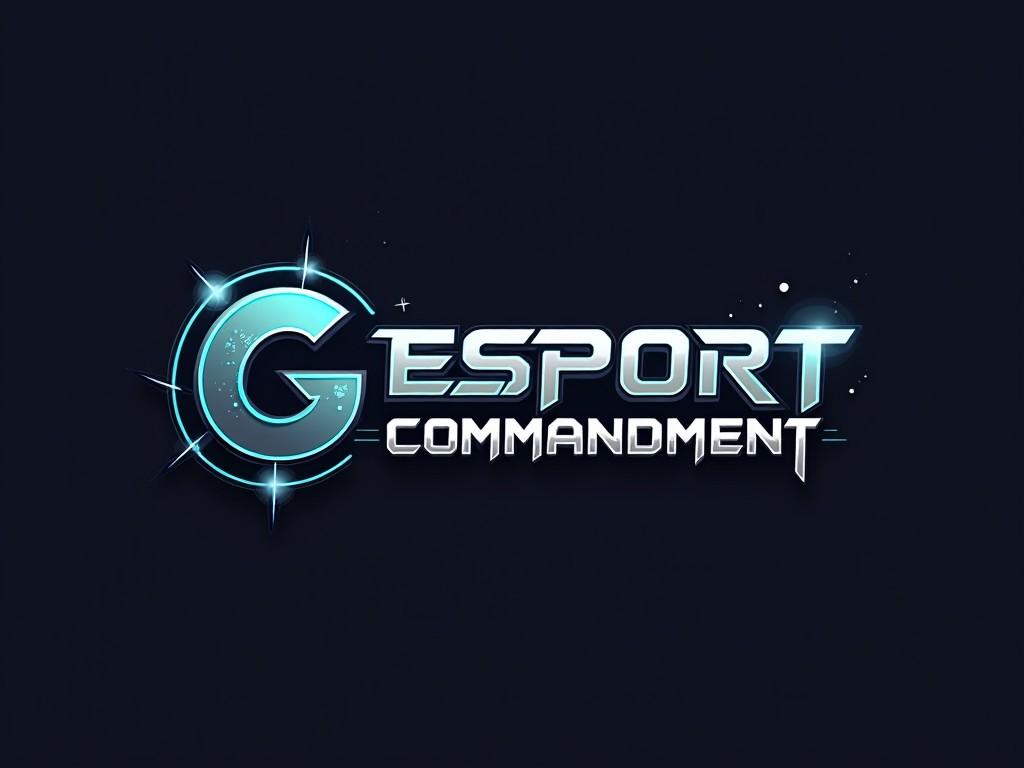 This is a logo for an esports team named 'GESPORT COMMANDMENT'. It features bold typography with an emphasis on the letter 'G'. The design incorporates a futuristic style with elements that give a sense of command and authority. The colors used are a mix of blue and silver against a dark background, enhancing the modern look. Bright lighting effects outline the letters, making the logo stand out. Overall, it conveys a sense of professionalism and excitement in the esports domain.