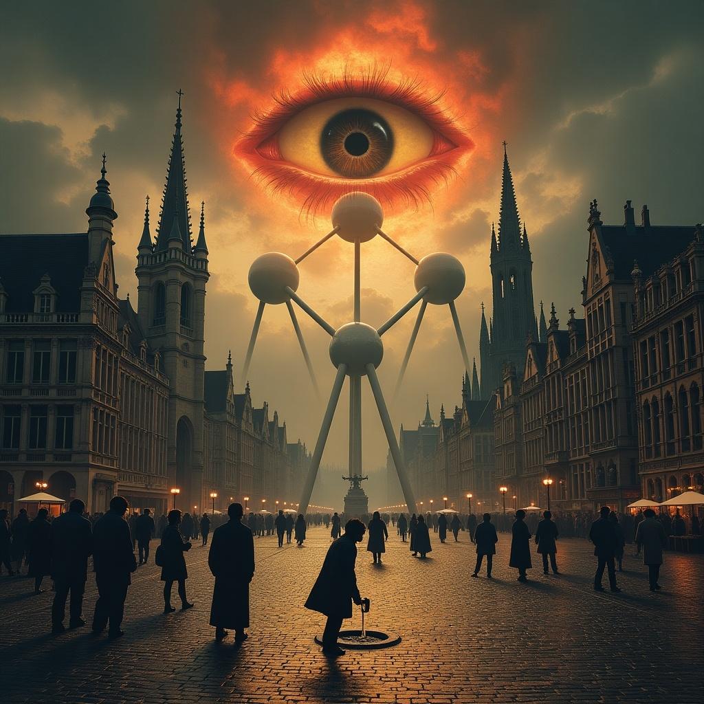 Image depicts Brussels styled as a dark fantasy landscape reminiscent of Mordor. Significant landmarks of Brussels featured prominently. A large eye inspired by Lord of the Rings rises in the sky. Manneken Pis statue is shown peeing into a gutter. An ominous atmosphere created with dark clouds and dramatic lighting. Crowds of people walking in a shadowy square.