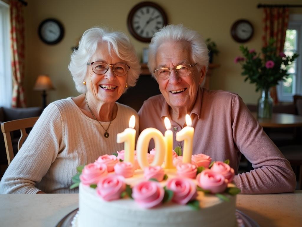 The image shows an elderly couple celebrating a special occasion. They are seated together at a table, smiling happily. In front of them is a large cake decorated with pink roses and icing. The cake has the numbers 100 and 101 prominently displayed on top, symbolizing their ages. There are lit candles on the cake, adding to the festive atmosphere. In the background, you can see a cozy room with curtains and clocks on the walls, suggesting a warm home environment.