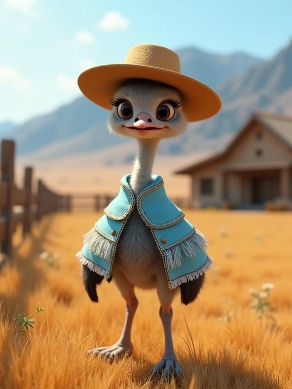 Create a charming 3D character of a baby ñandú in a field. The chick is fluffy with gray feathers and has a curious look. It wears a tiny gaucho hat and a sky-blue poncho. In the background, there is a wooden fence and a rural house. People can be seen dancing folk dances in the distance. The scene is bright and sunny, showcasing countryside charm.