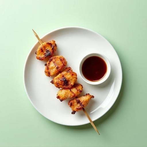 Minimalist food scene featuring a white round plate with a skewer of grilled chicken. Chicken pieces are cut evenly to 1.5 cm thickness. Skewered pieces are golden brown with grill marks. Beside the skewer two small dipping dishes are placed. One dish contains dark teriyaki sauce. The other dish contains red-orange sweet and sour sauce. The plate is set against a light green background with soft lighting from the top. The image is captured in a professional food photography style.
