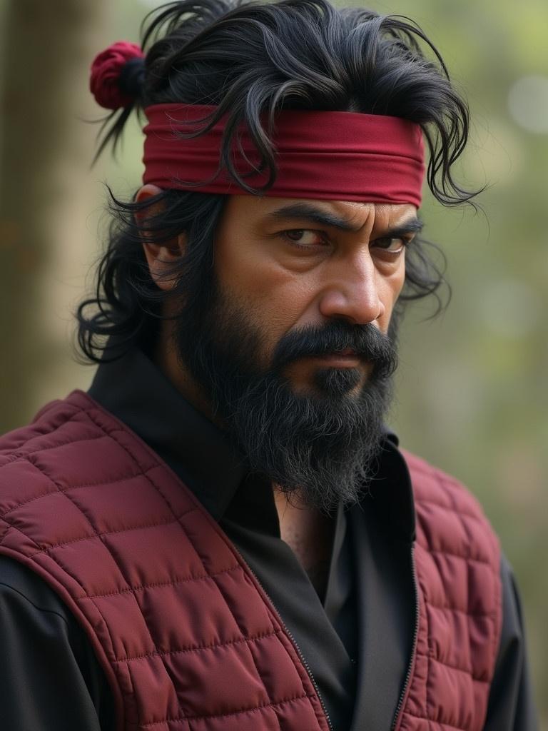 Ajith Kumar portrayed a character inspired by the anime Naruto. Character wears a red vest and a black shirt. Soft background with trees and natural light.