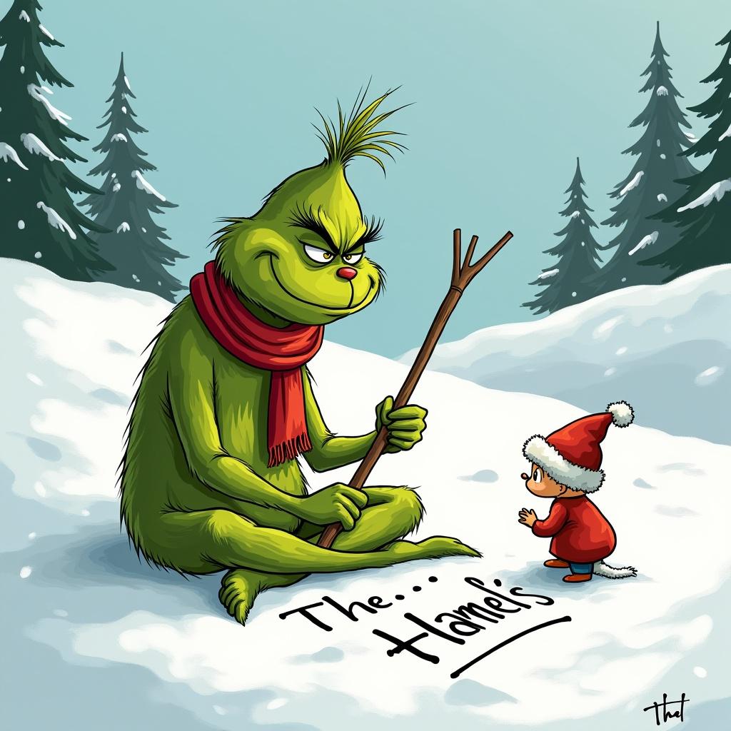 The Grinch sits in snow writing The Hamel's with a stick. A small character watches him. Snow-covered hills and trees surround. The Grinch wears a red scarf.