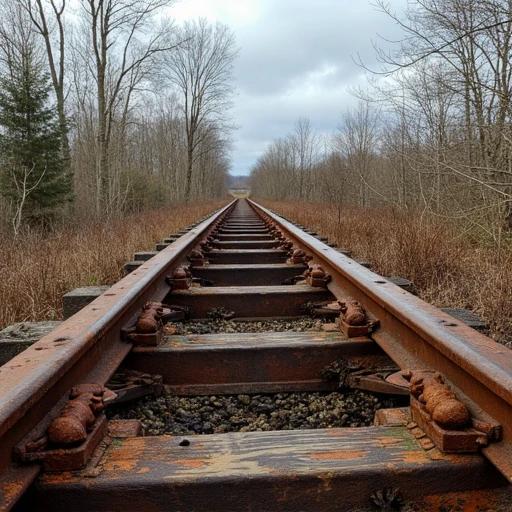 Image shows a rusty roller coaster track in a natural setting. Track runs through a sparse forest. Overgrown shrubs and trees surround the tracks. Gray clouds fill the sky. Perspective is from ground level looking down the tracks. Overall mood is nostalgic and adventurous.