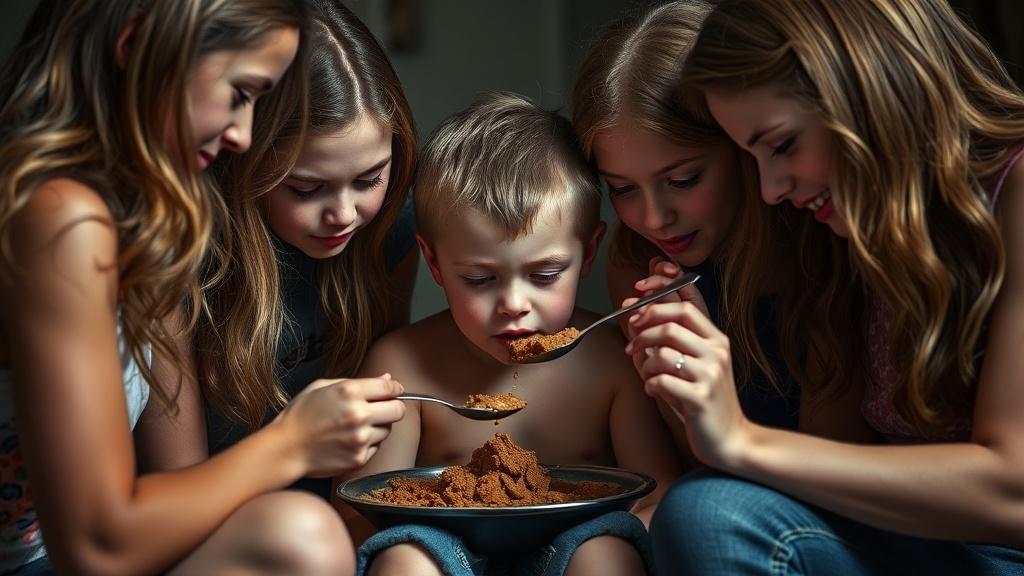 a group of young children gathered closely, eating together from a single plate, evoking themes of family bonds and sharing