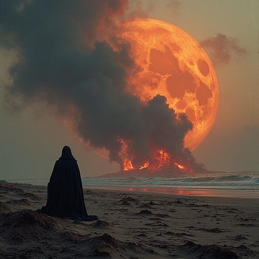 Cloaked figure on the beach watches a giant moon rising above the ocean during a dramatic sunset. The moon is large and fiery, creating a surreal atmosphere. Clouds are gathering around the moon.