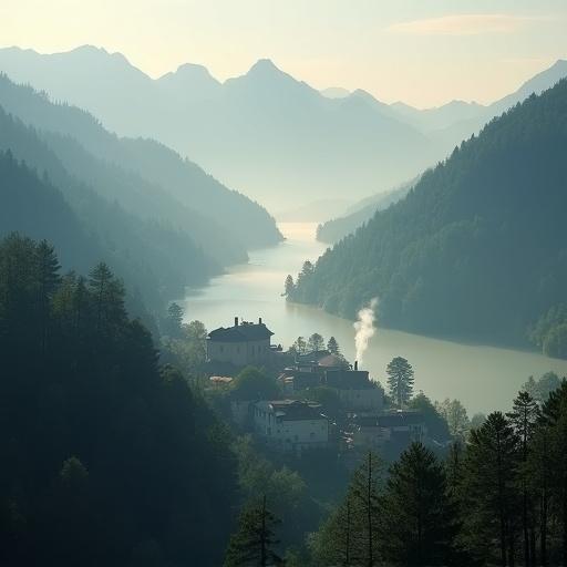 Mountain village in a misty valley at dawn. Soft light filters through trees. Smoke rises from chimneys. Muted natural colors depict peaceful isolation. Long shadows add to tranquility.