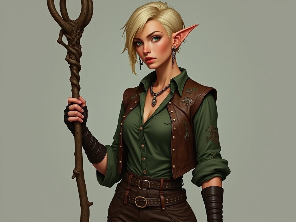 This image showcases an elf woman with light tanned skin and striking green eyes. Her short, wolfcut hairstyle is a slightly dark blonde, adding an edge to her character. She wears a dark green shirt with a collar that ties, layered under a well-worn leather vest adorned with embroidered animals and leaves. Her outfit is complemented by loose-fitting dark brown pants tucked into slim high boots. The elf holds a staff with an incomplete circle at the end, enhancing her mystical aura. Industrial piercings add a modern twist, while fingerless leather gloves give her a rugged look.