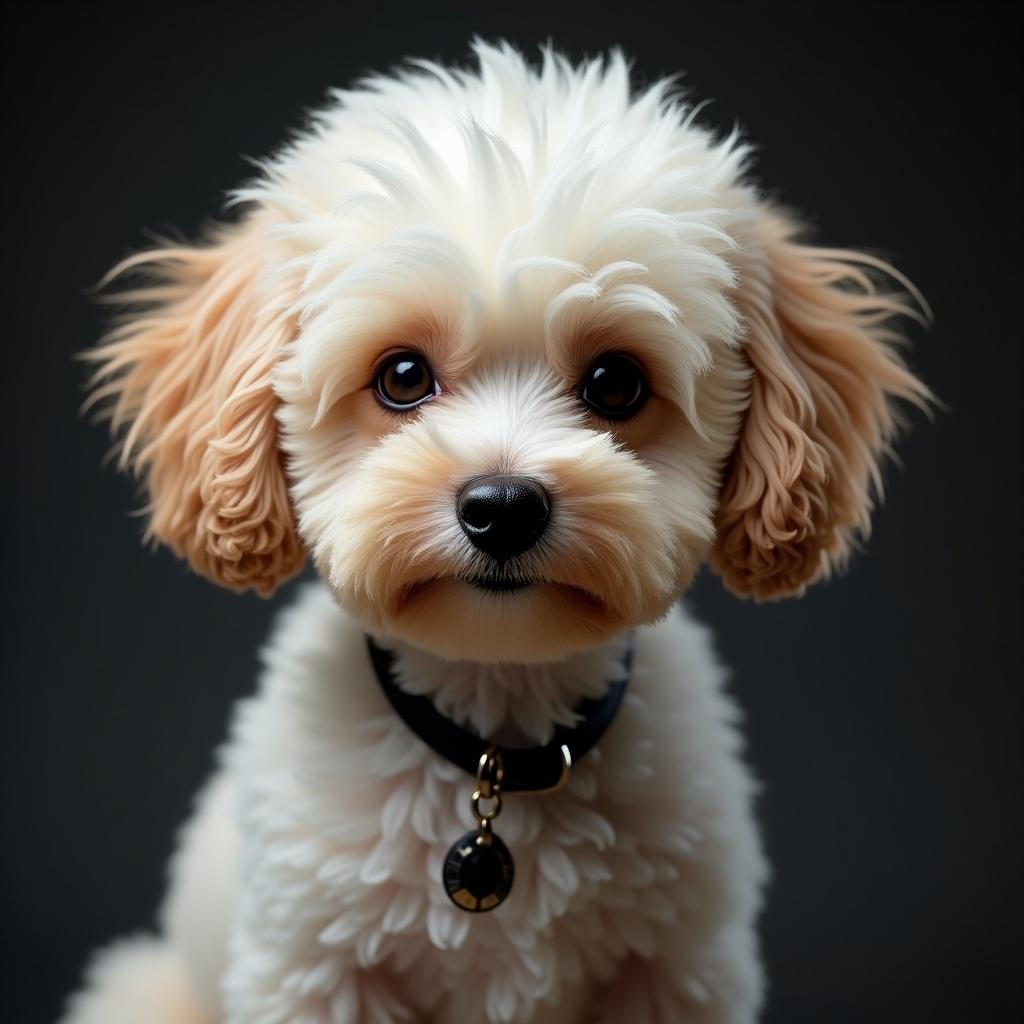 A unique crossbreed between a Bichon Poodle and a smoky cat. Showcasing their baby with distinctive features from both parents. The dog has fluffy fur and a gentle expression. Background is dark to highlight the puppy.