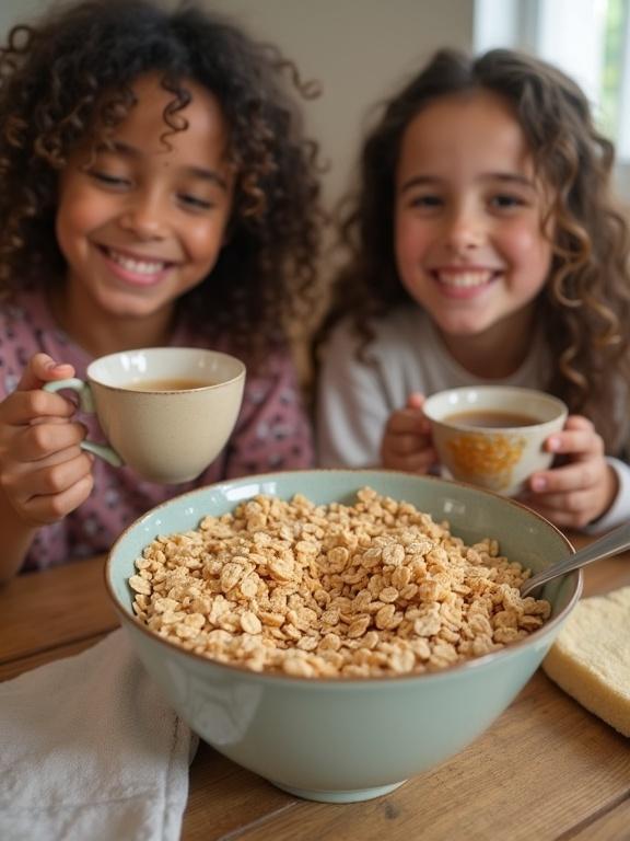 Young family with a vegan lifestyle, enjoying a bowl of cereal together.