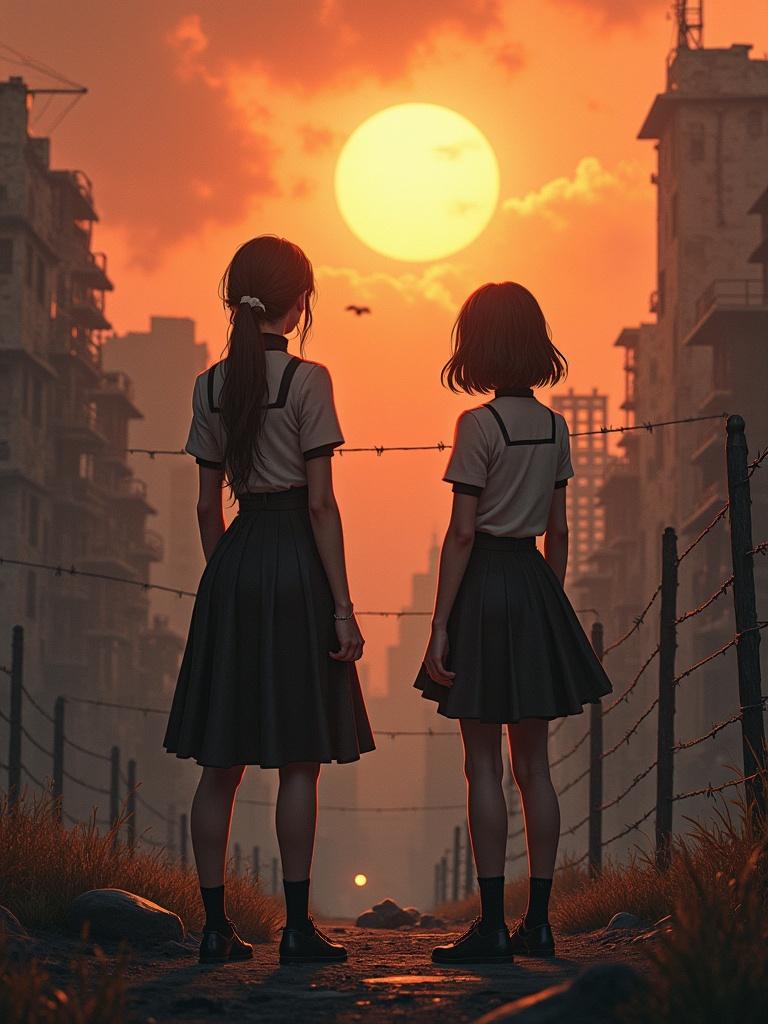 Two girls observe a crumbling city. Barbed wire surrounds the area. A fiery smoky sky glows behind them. Girls wear skirts and school uniforms. They stand close together gazing into the distance.